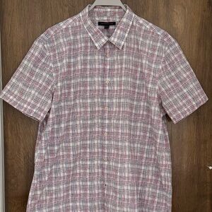 John Varvatos plaid Red and White 100% cotton short sleeve Button up Shirt, XL